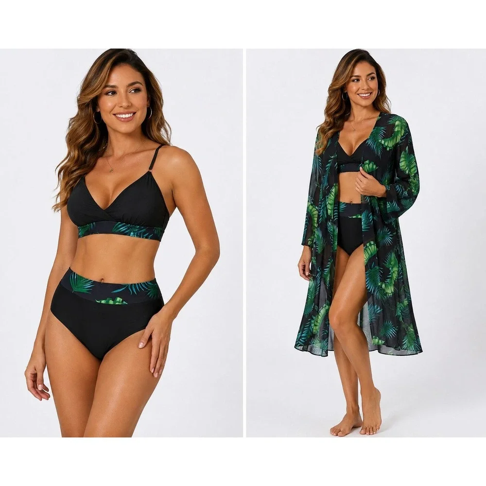 3-Piece High Waisted Bikini Set with Tropical Palm Leaf Kimono Cover Up Large
